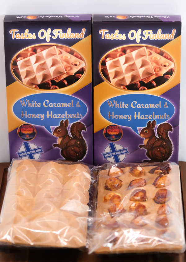 Caramel White Chocolate with Honey & Hazelnuts – Finnish Chocolate Gift Box – 4 Bars